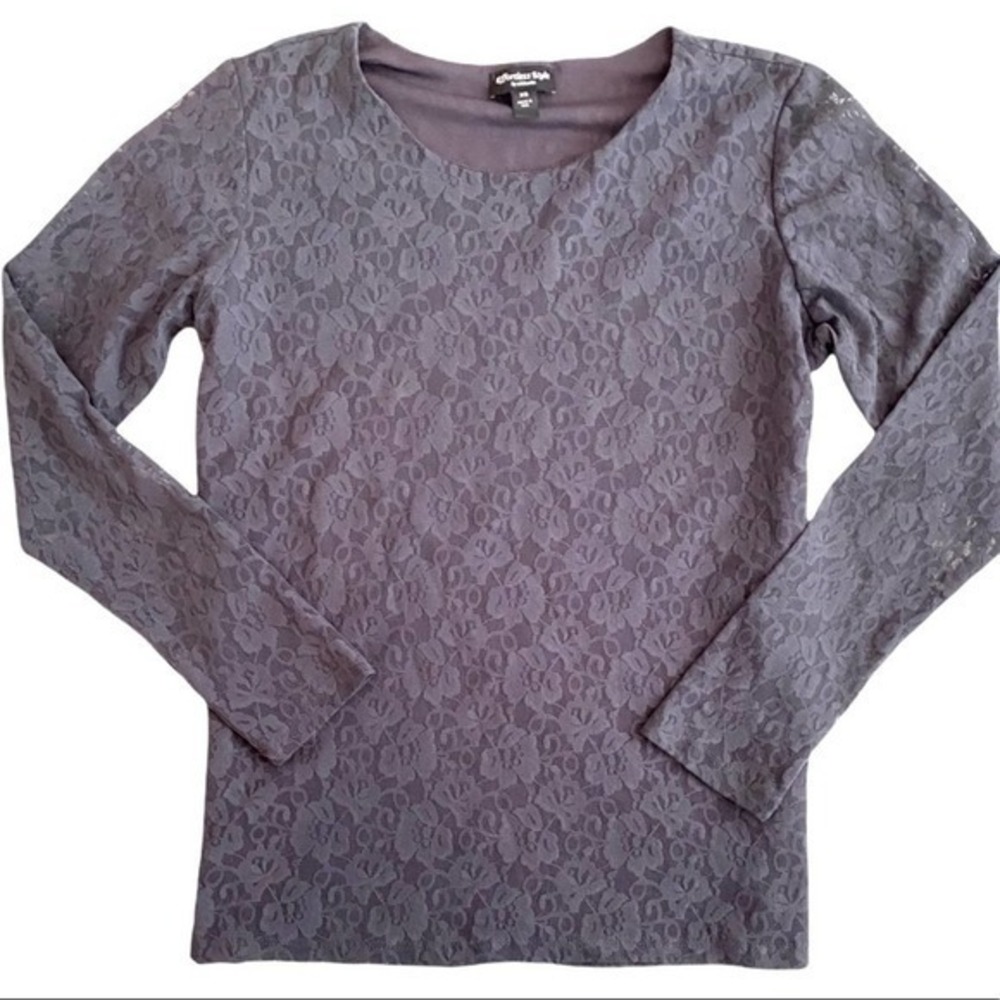 EFFORTLESS STYLE by CITIKNITS Lace Overlay Long Sleeve Top Hunter Green XS